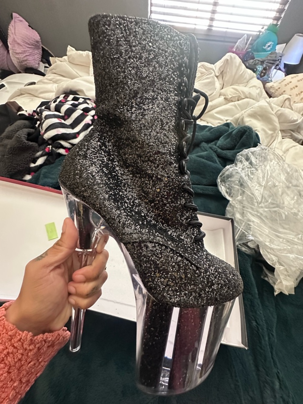 Pleaser black glitter 8 inch heel boots